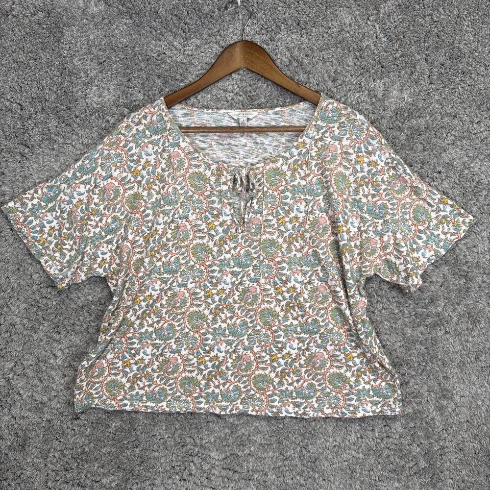 Lucky Brand Women’s Peasant Blouse Top Large Short Sleeve Flowy Boho Floral